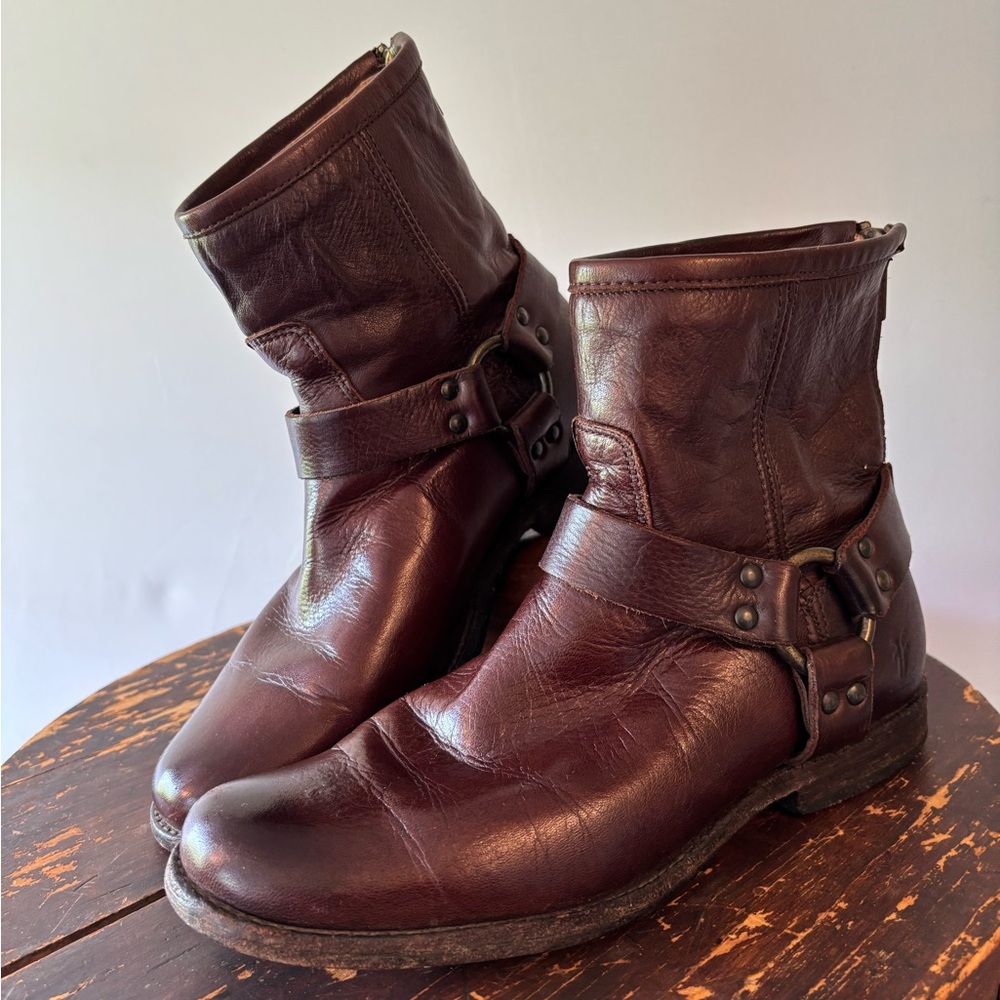 Frye Brown Leather Phillip Harness Shirt Boots W 8 Excellent Condition